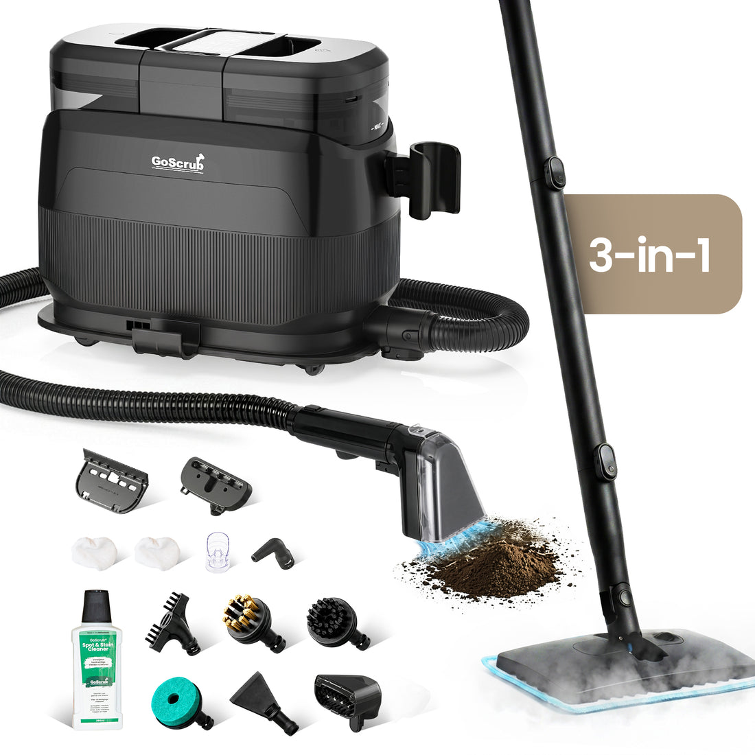 GoScrub® 3-in-1 Tapijtreiniger PRO met Vloermop &amp; Stoomfunctie